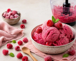 Cremiges Himbeer Softeis aus tiefgekühlten Himbeeren in einer Schüssel, frisch zubereitet ohne Eismaschine