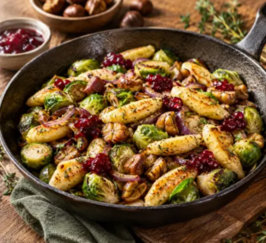 Schupfnudelpfanne mit Rosenkohl, Marroni und getrockneten Preiselbeeren in einer gusseisernen Pfanne